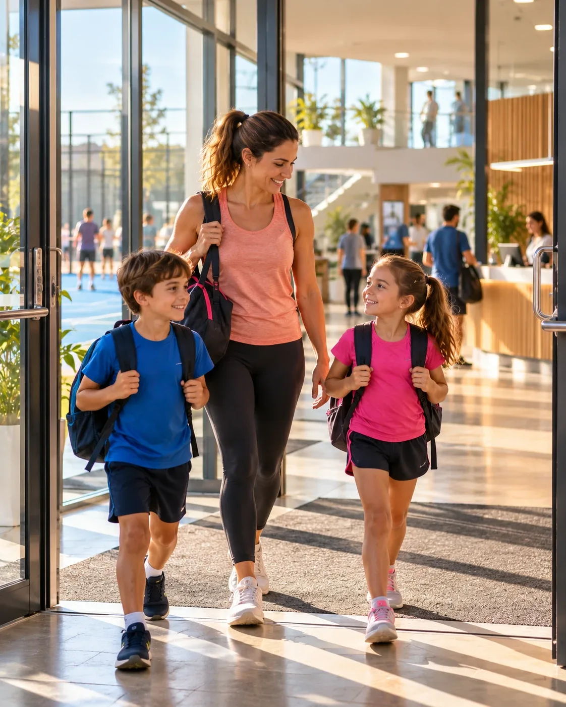 Madre con sus hijos entrando en un centro deportivo municipal
