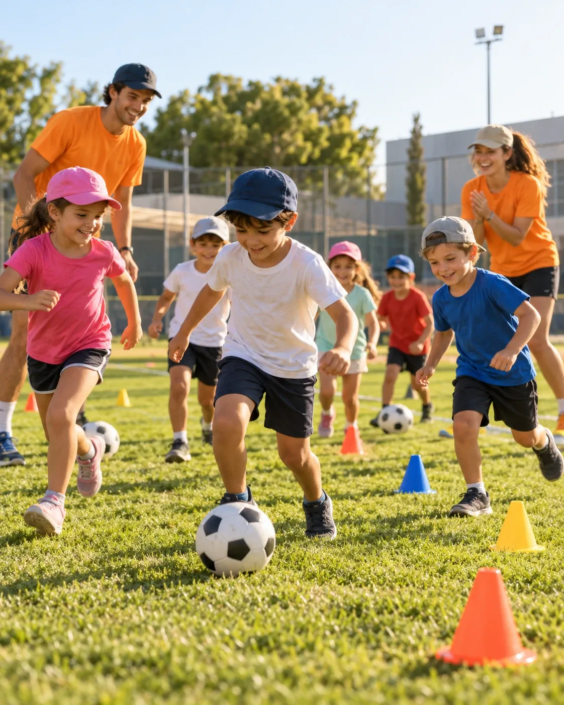 Niños jugando al fútbol con sus monitores en el campus de verano municipal