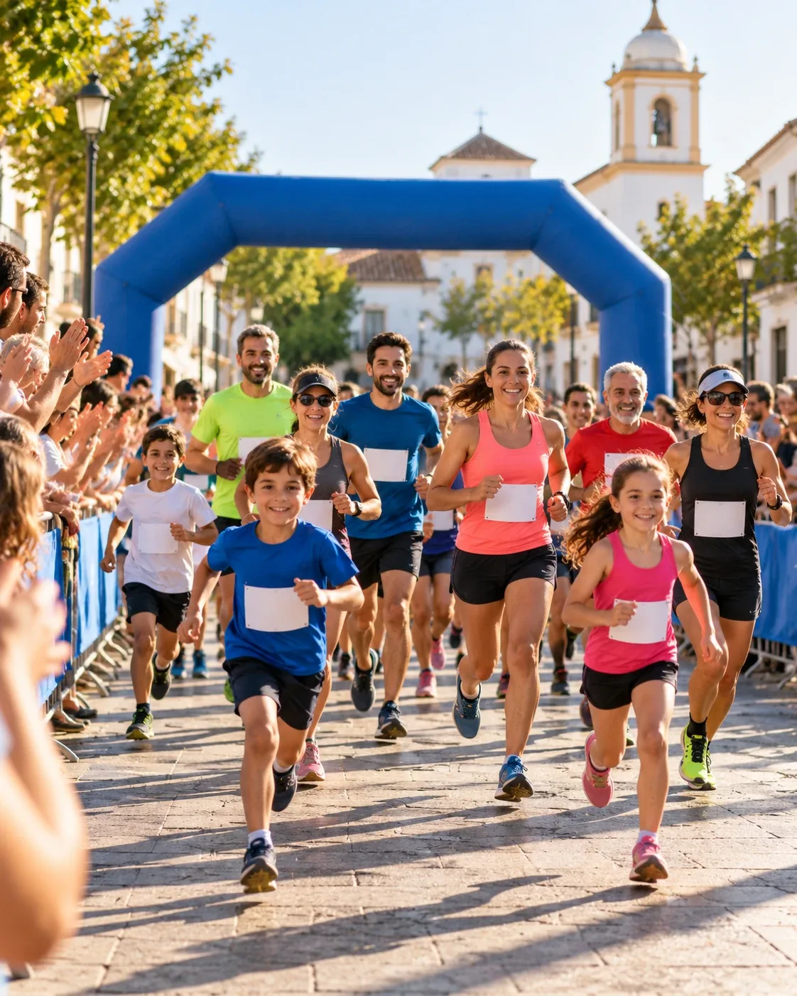 Salida de una carrera popular en la plaza del pueblo con vecinos de todas las edades