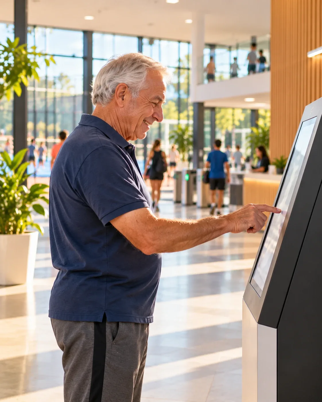 Vecino mayor usando el tótem de autoservicio en el vestíbulo